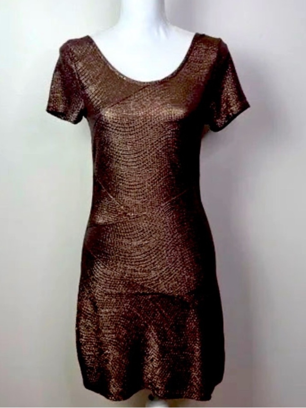 Free People Bronze Textured Mini Bodycon Metallic Dress Medium Festival XS